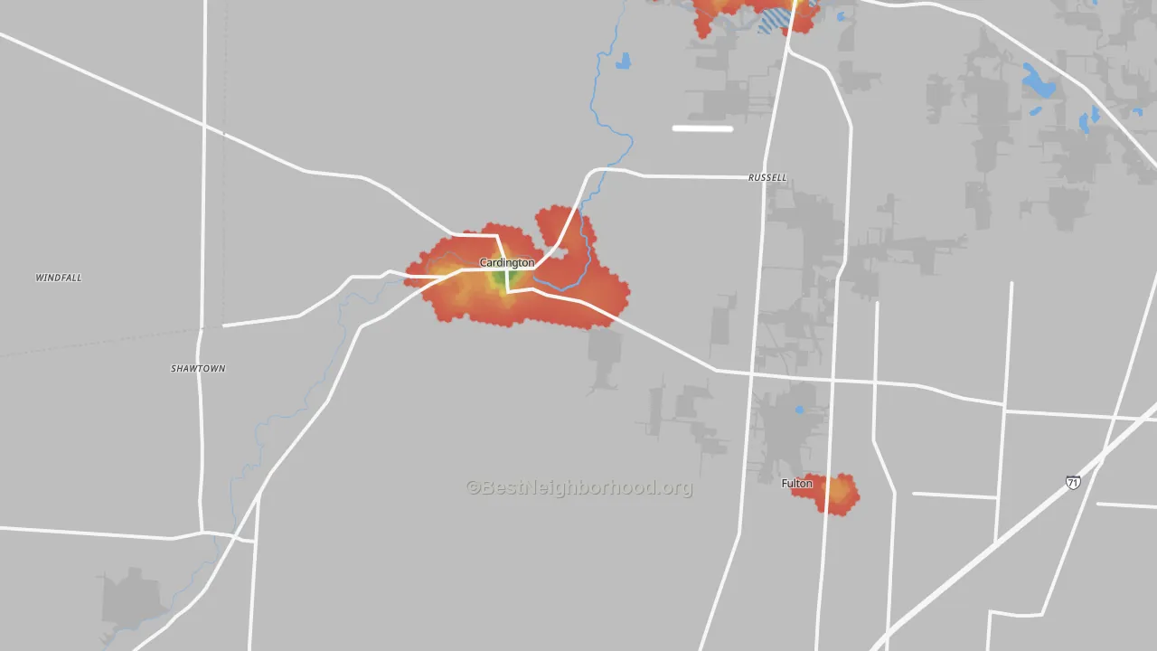 Walk Grade map of Cardington, OH, walkable areas in green and car-dependent areas in red