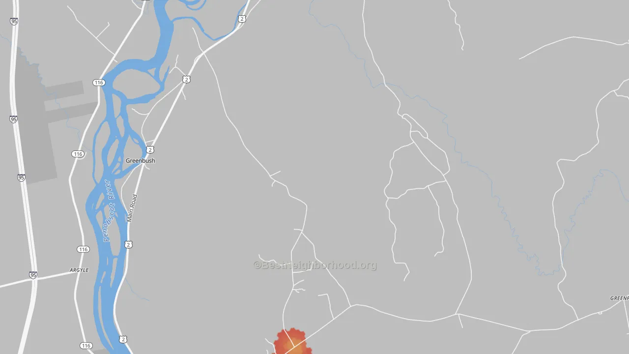 Walk Grade map of Cardville, ME, walkable areas in green and car-dependent areas in red