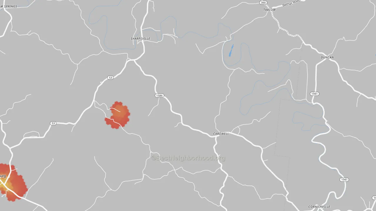Walk Grade map of Cardwell, KY, walkable areas in green and car-dependent areas in red