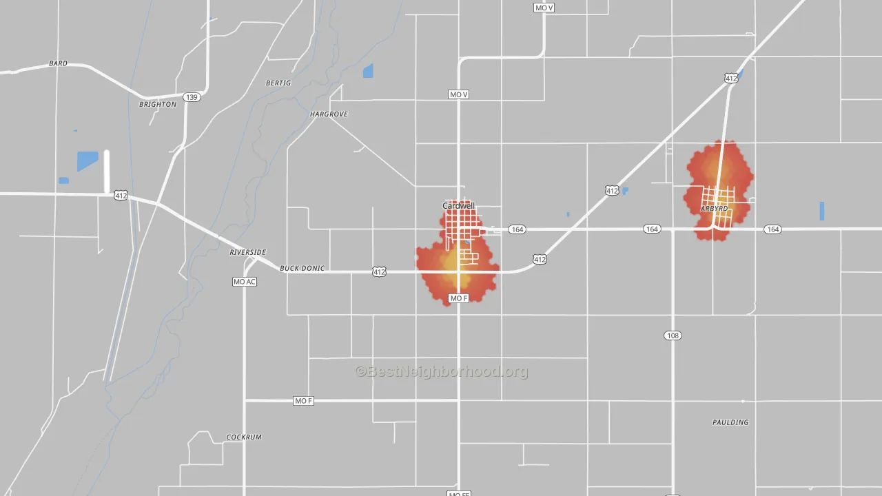 Walk Grade map of Cardwell, MO, walkable areas in green and car-dependent areas in red