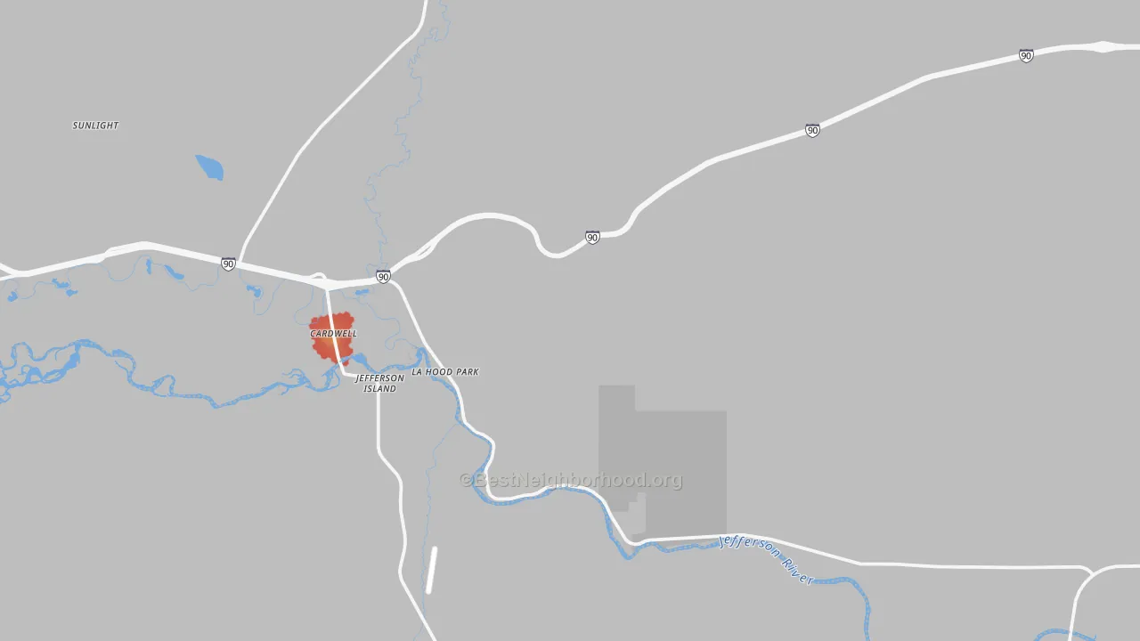Walk Grade map of Cardwell, MT, walkable areas in green and car-dependent areas in red