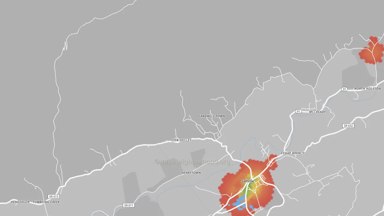 Walk Grade map of Cardwell Town, VA, walkable areas in green and car-dependent areas in red