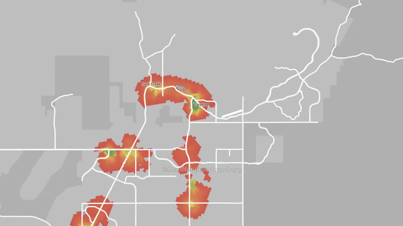Walk Grade map of Carefree, AZ, walkable areas in green and car-dependent areas in red