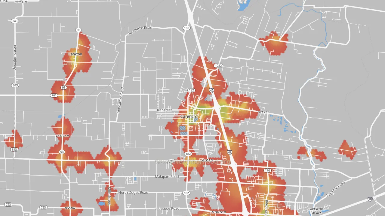 Walk Grade map of Carencro, LA, walkable areas in green and car-dependent areas in red