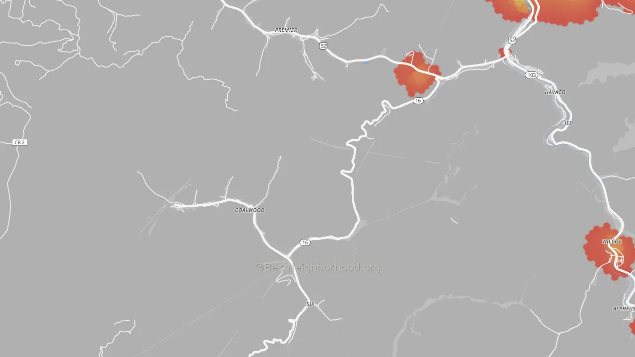 Walk Grade map of Caretta, WV, walkable areas in green and car-dependent areas in red