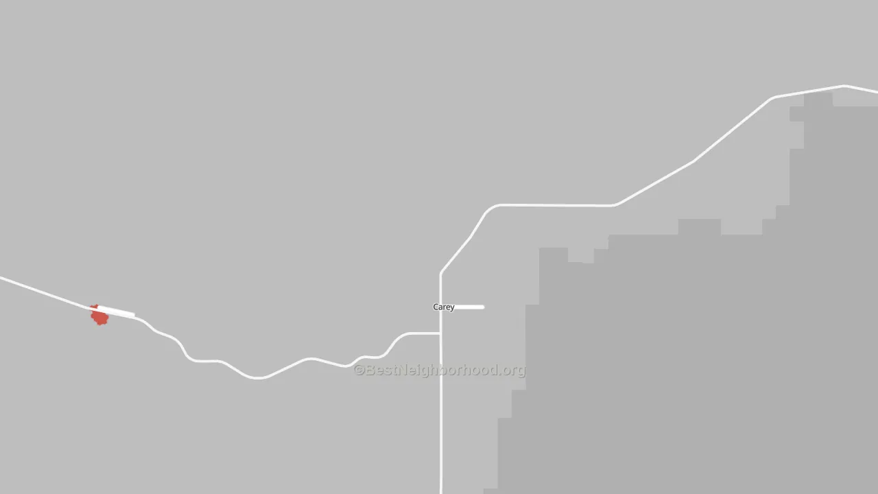 Walk Grade map of Carey, ID, walkable areas in green and car-dependent areas in red
