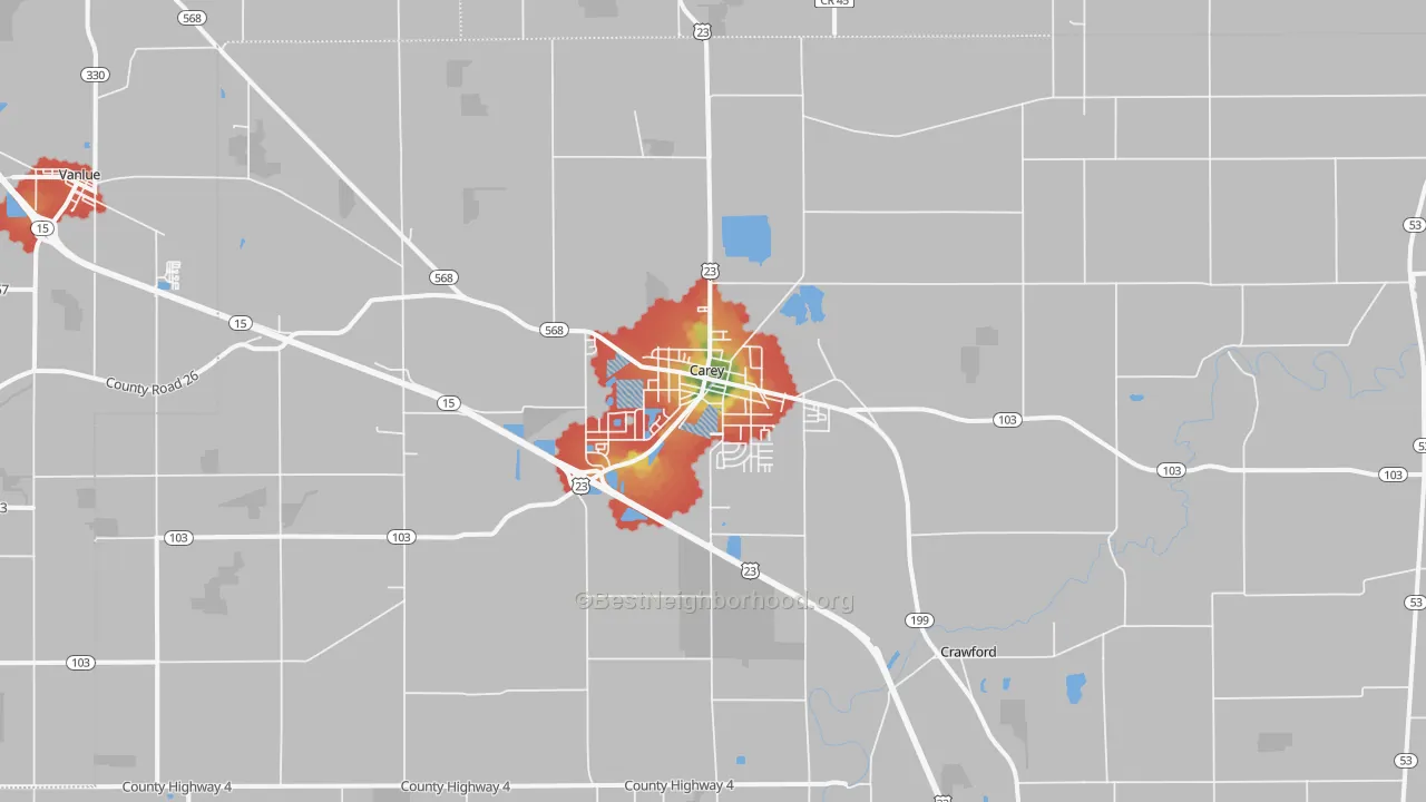 Walk Grade map of Carey, OH, walkable areas in green and car-dependent areas in red