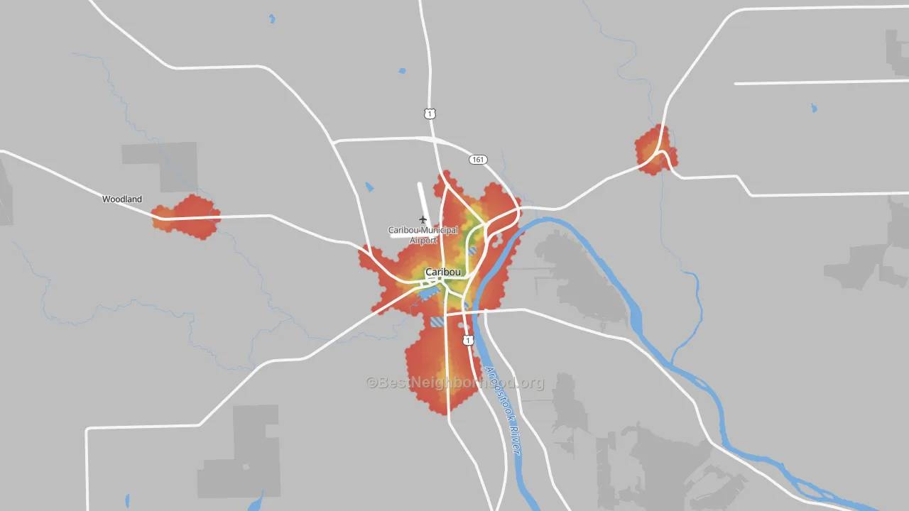 Walk Grade map of Caribou, ME, walkable areas in green and car-dependent areas in red