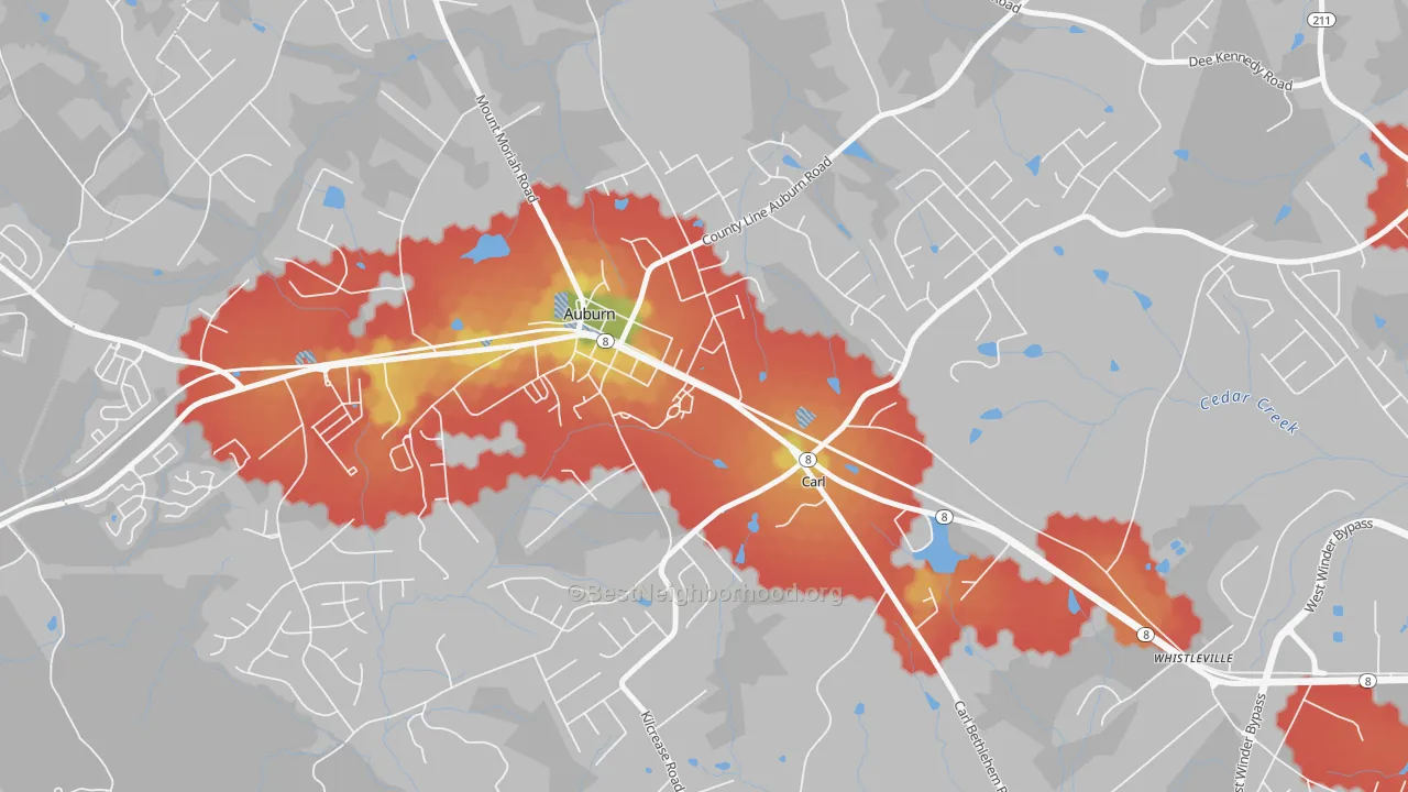 Walk Grade map of Carl, GA, walkable areas in green and car-dependent areas in red