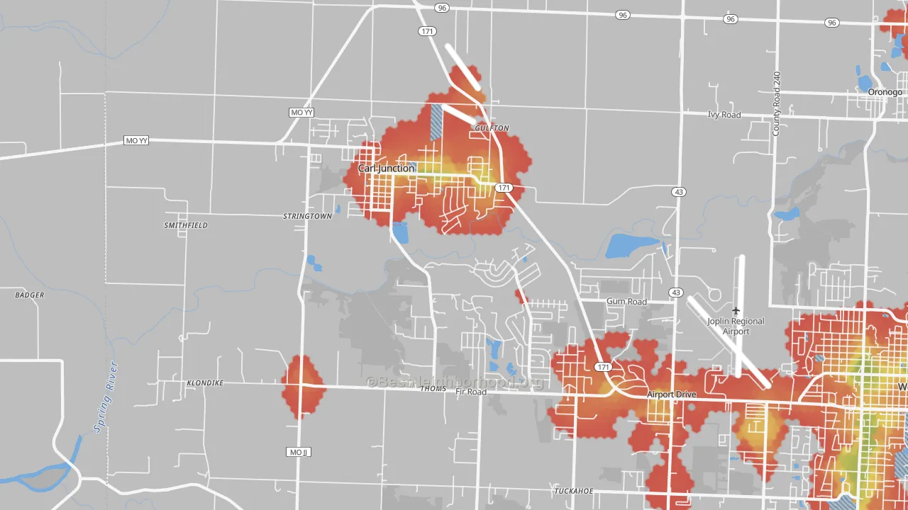 Walk Grade map of Carl Junction, MO, walkable areas in green and car-dependent areas in red