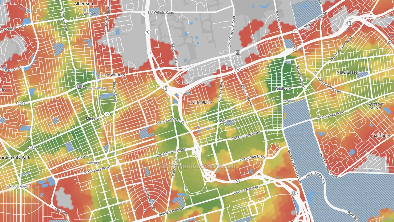 Walk Grade map of Carle Place, NY, walkable areas in green and car-dependent areas in red