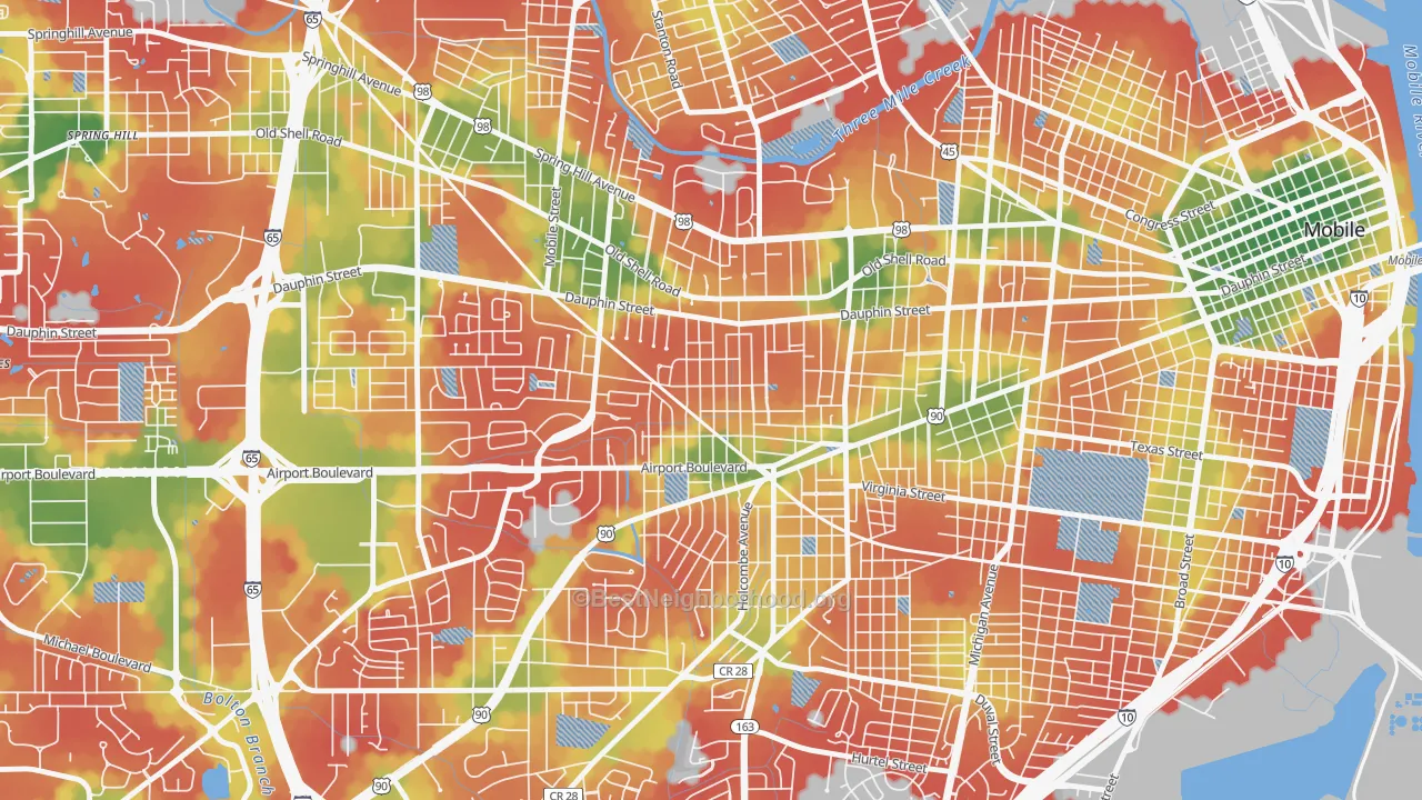 Walk Grade map of Carlen, Mobile, AL, walkable areas in green and car-dependent areas in red