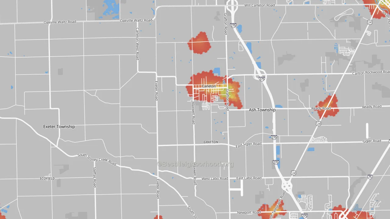 Walk Grade map of Carleton, MI, walkable areas in green and car-dependent areas in red