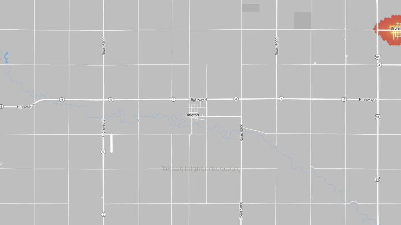 Walk Grade map of Carleton, NE, walkable areas in green and car-dependent areas in red