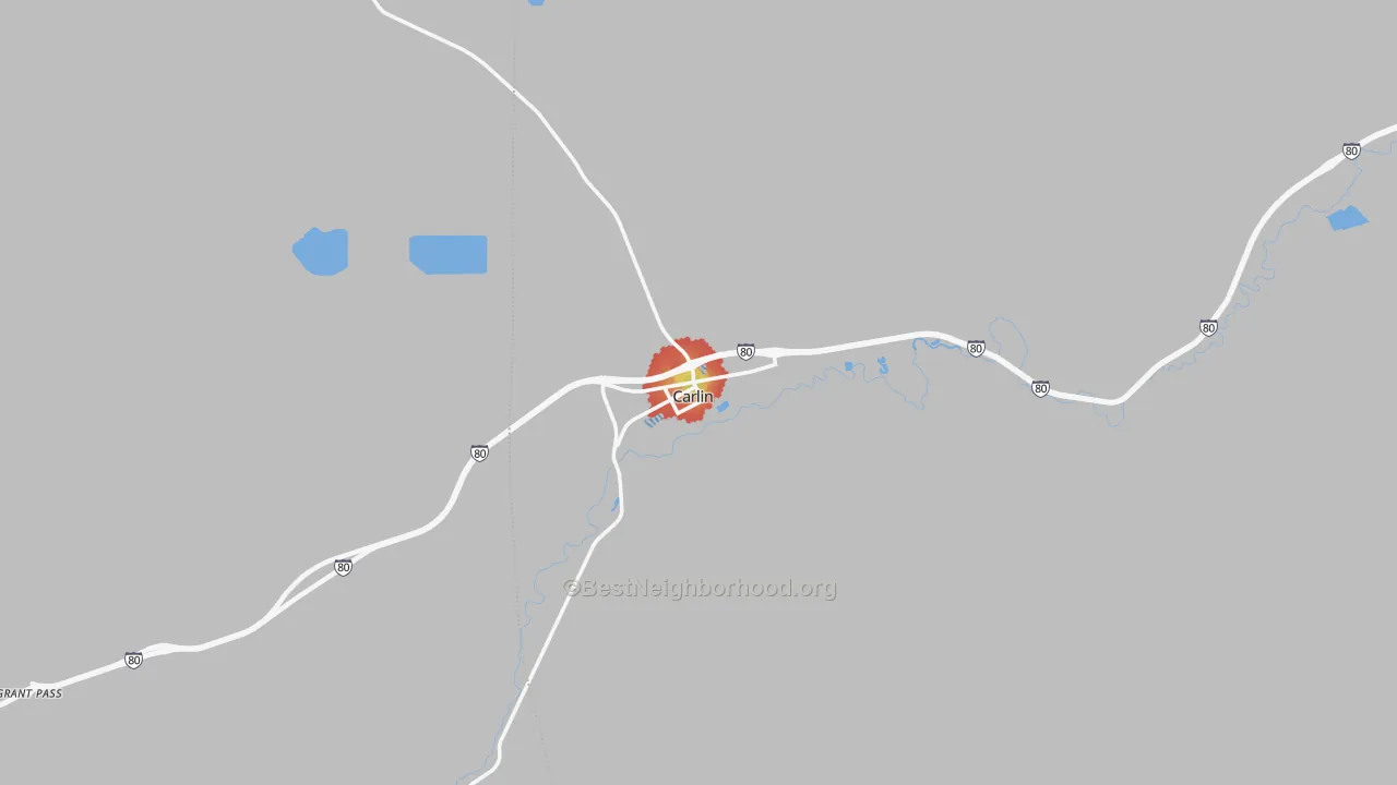 Walk Grade map of Carlin, NV, walkable areas in green and car-dependent areas in red