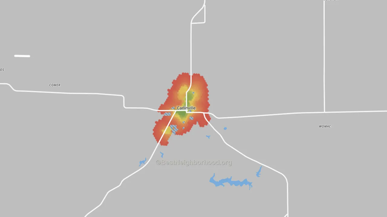 Walk Grade map of Carlinville, IL, walkable areas in green and car-dependent areas in red