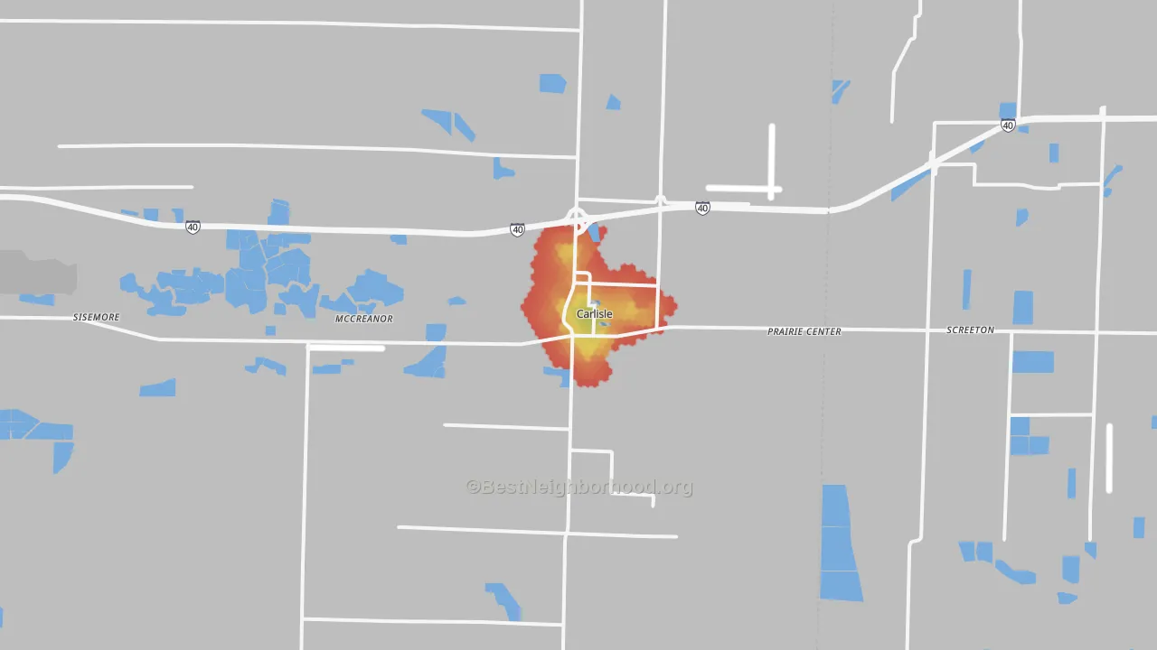 Walk Grade map of Carlisle, AR, walkable areas in green and car-dependent areas in red