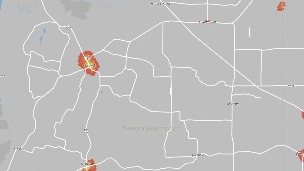 Walk Grade map of Carlisle County, KY, walkable areas in green and car-dependent areas in red