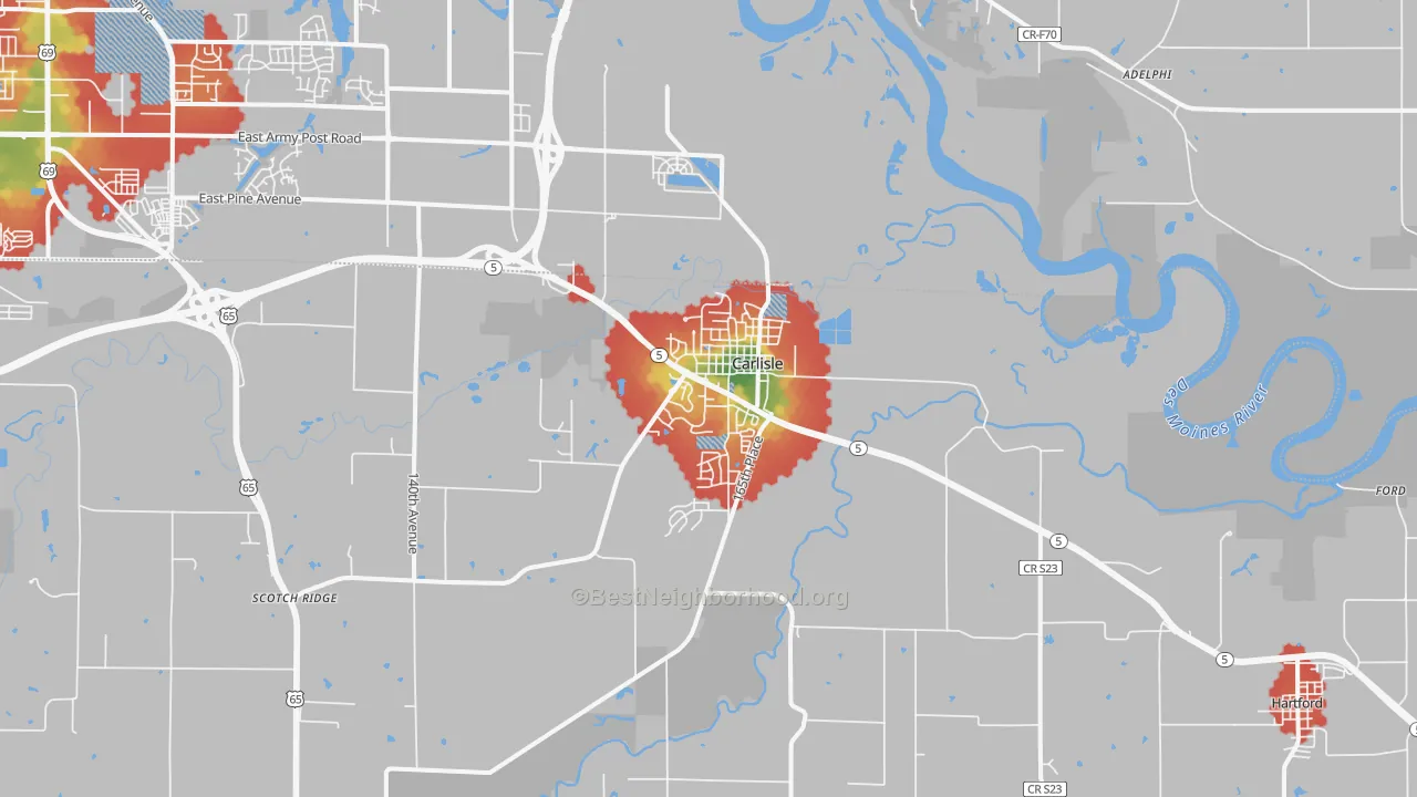 Walk Grade map of Carlisle, IA, walkable areas in green and car-dependent areas in red