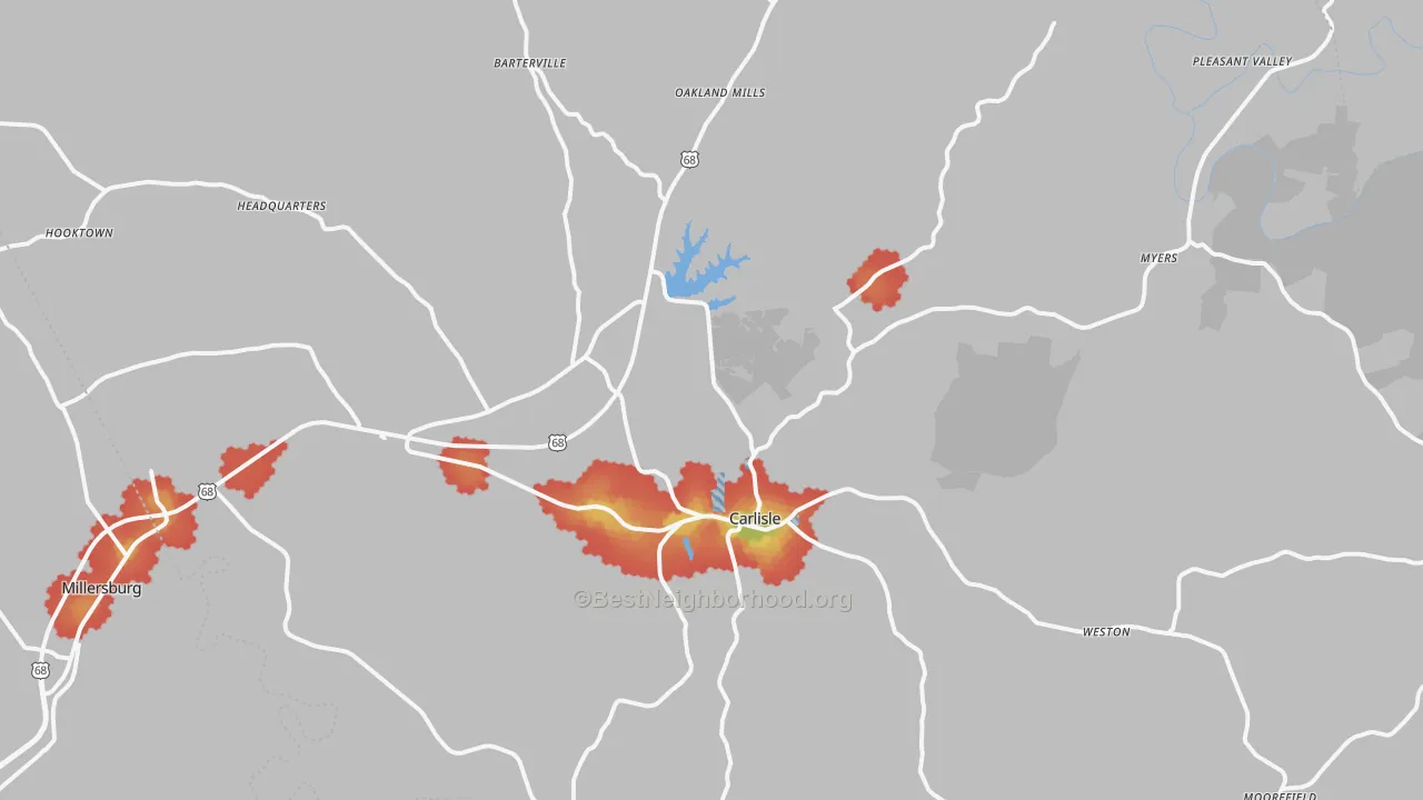 Walk Grade map of Carlisle, KY, walkable areas in green and car-dependent areas in red