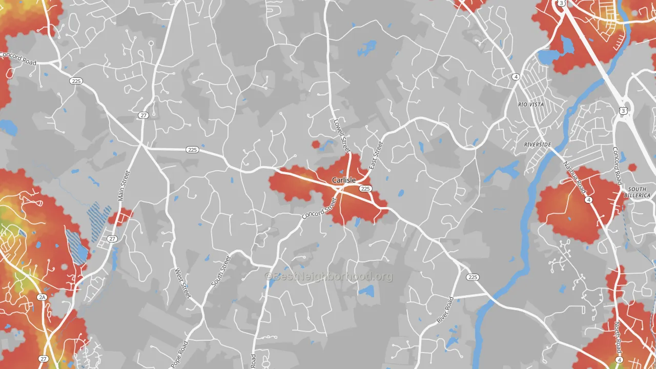 Walk Grade map of Carlisle, MA, walkable areas in green and car-dependent areas in red