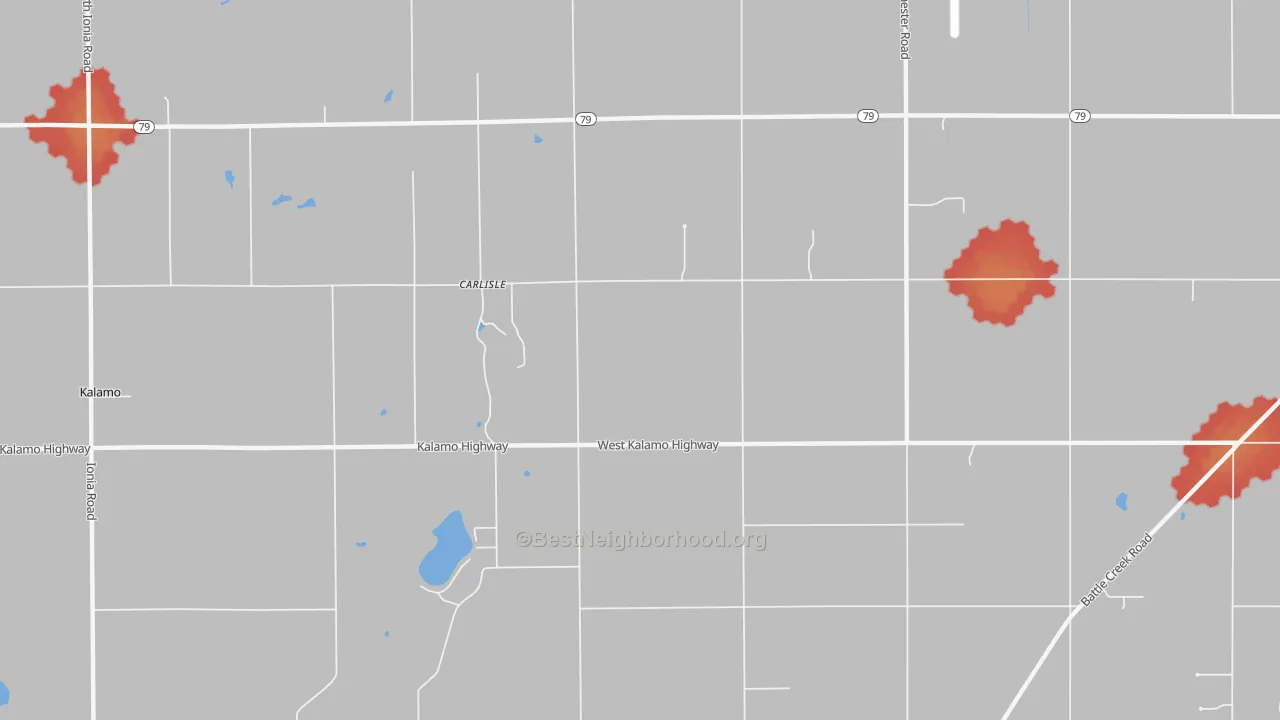 Walk Grade map of Carlisle, MI, walkable areas in green and car-dependent areas in red