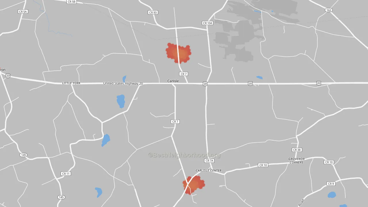 Walk Grade map of Carlisle, NY, walkable areas in green and car-dependent areas in red