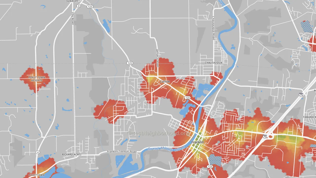 Walk Grade map of Carlisle, OH, walkable areas in green and car-dependent areas in red