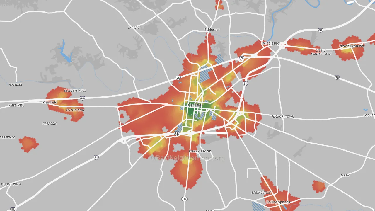 Walk Grade map of Carlisle, PA, walkable areas in green and car-dependent areas in red