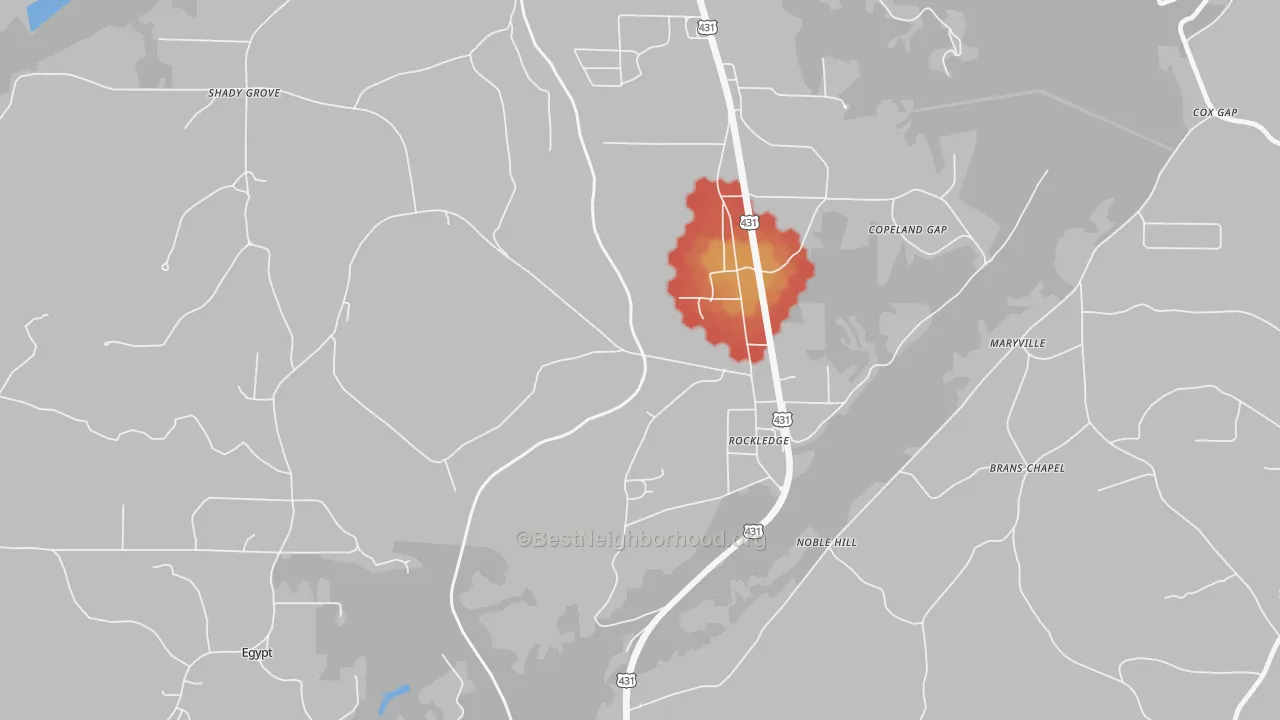 Walk Grade map of Carlisle-Rockledge, AL, walkable areas in green and car-dependent areas in red