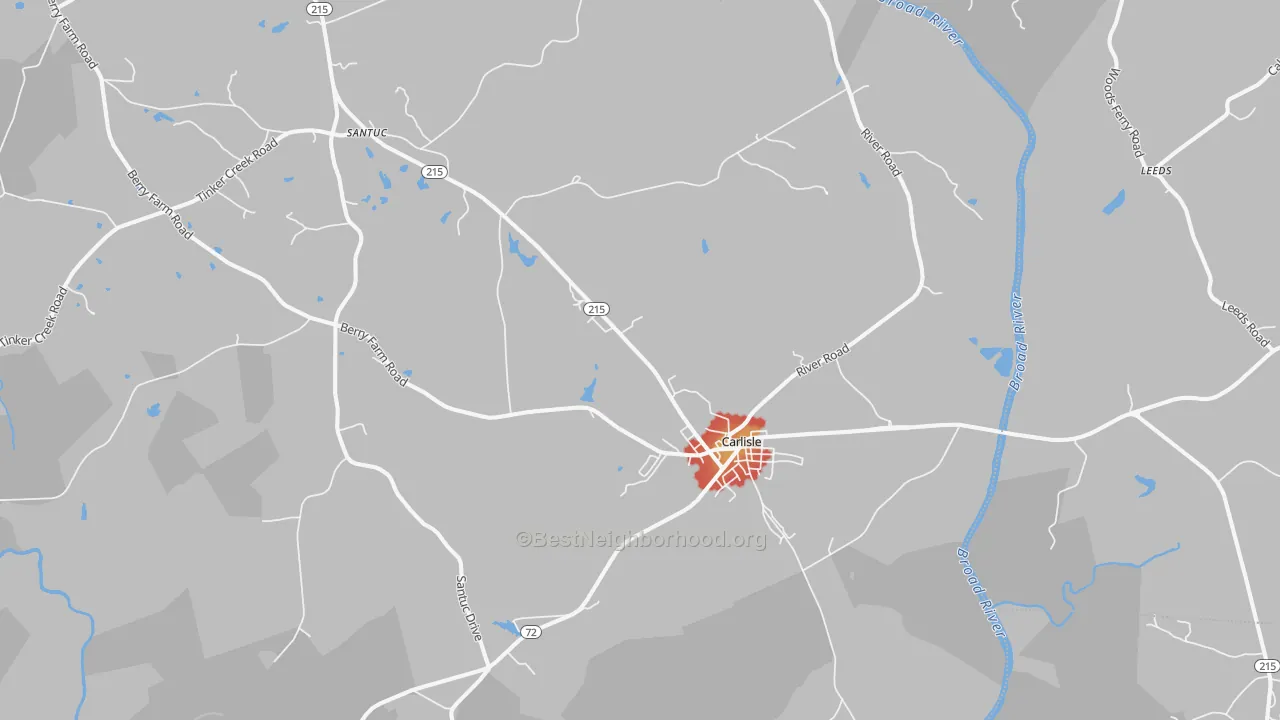 Walk Grade map of Carlisle, SC, walkable areas in green and car-dependent areas in red