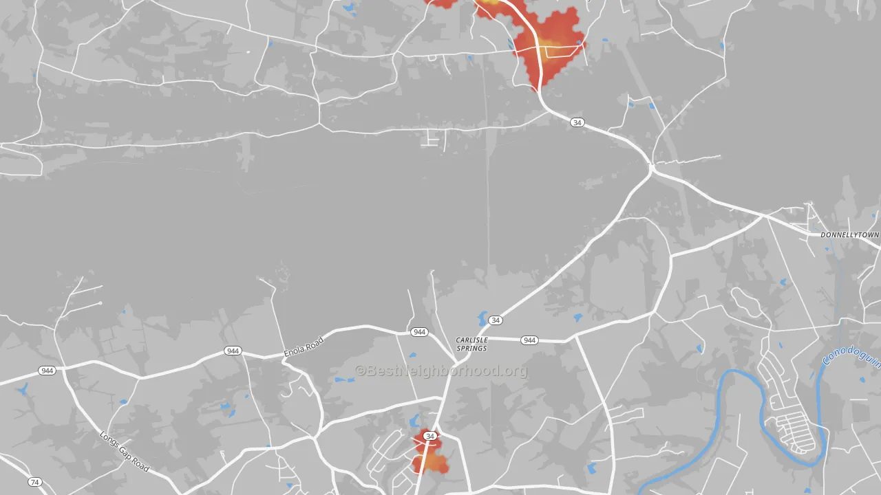 Walk Grade map of Carlisle Springs, PA, walkable areas in green and car-dependent areas in red