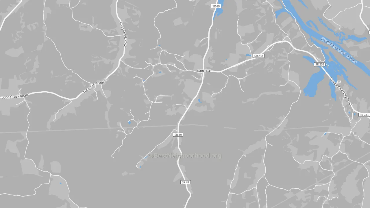 Walk Grade map of Carlisle, TN, walkable areas in green and car-dependent areas in red