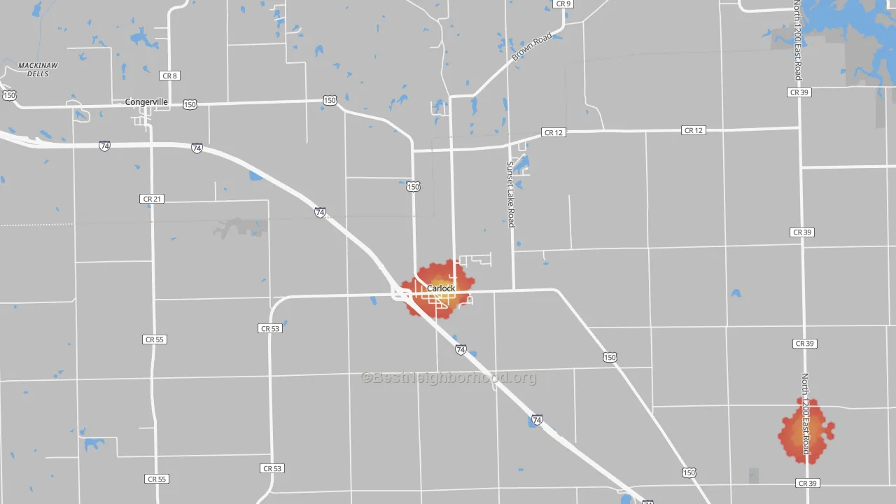 Walk Grade map of Carlock, IL, walkable areas in green and car-dependent areas in red
