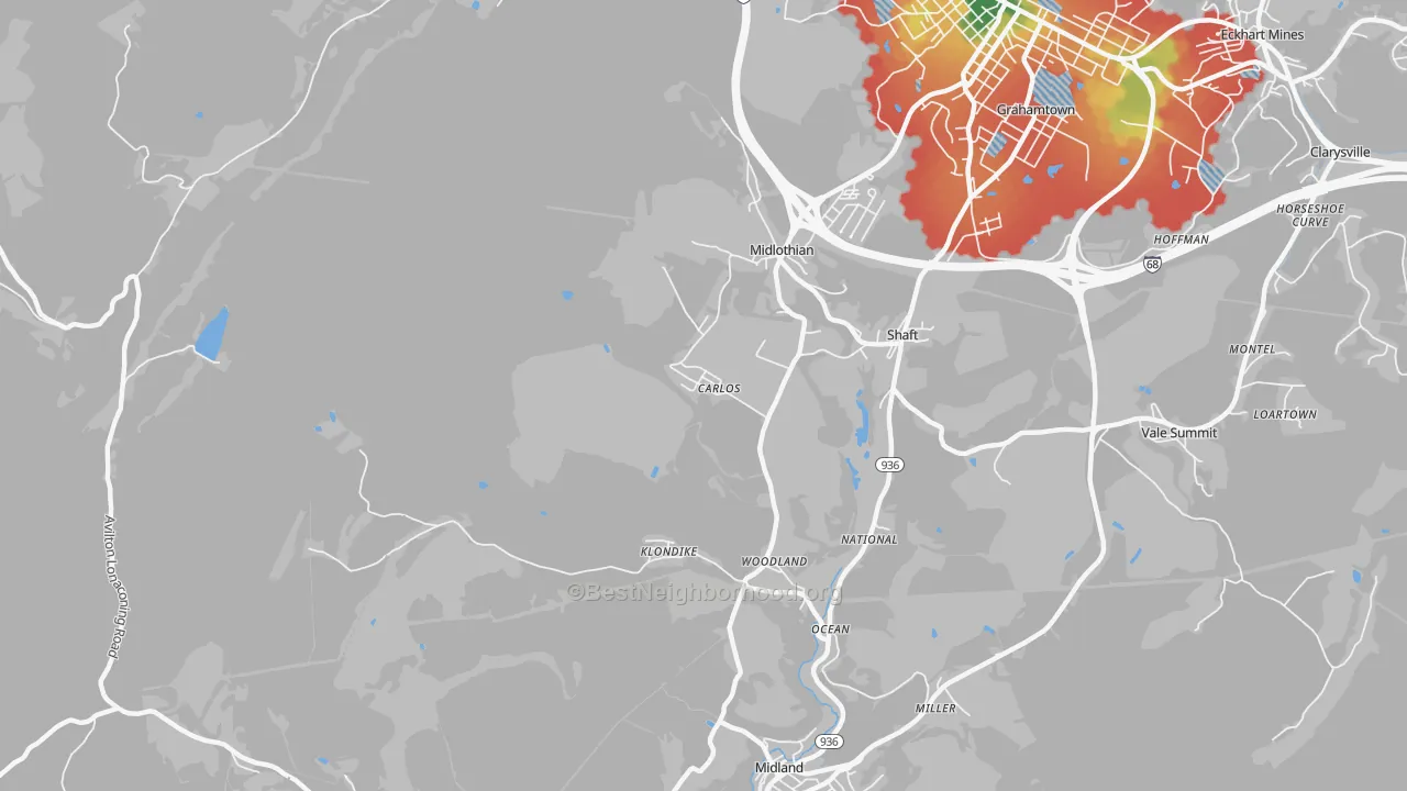 Walk Grade map of Carlos, MD, walkable areas in green and car-dependent areas in red