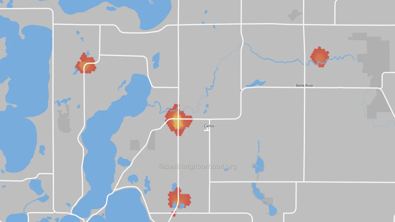 Walk Grade map of Carlos, MN, walkable areas in green and car-dependent areas in red