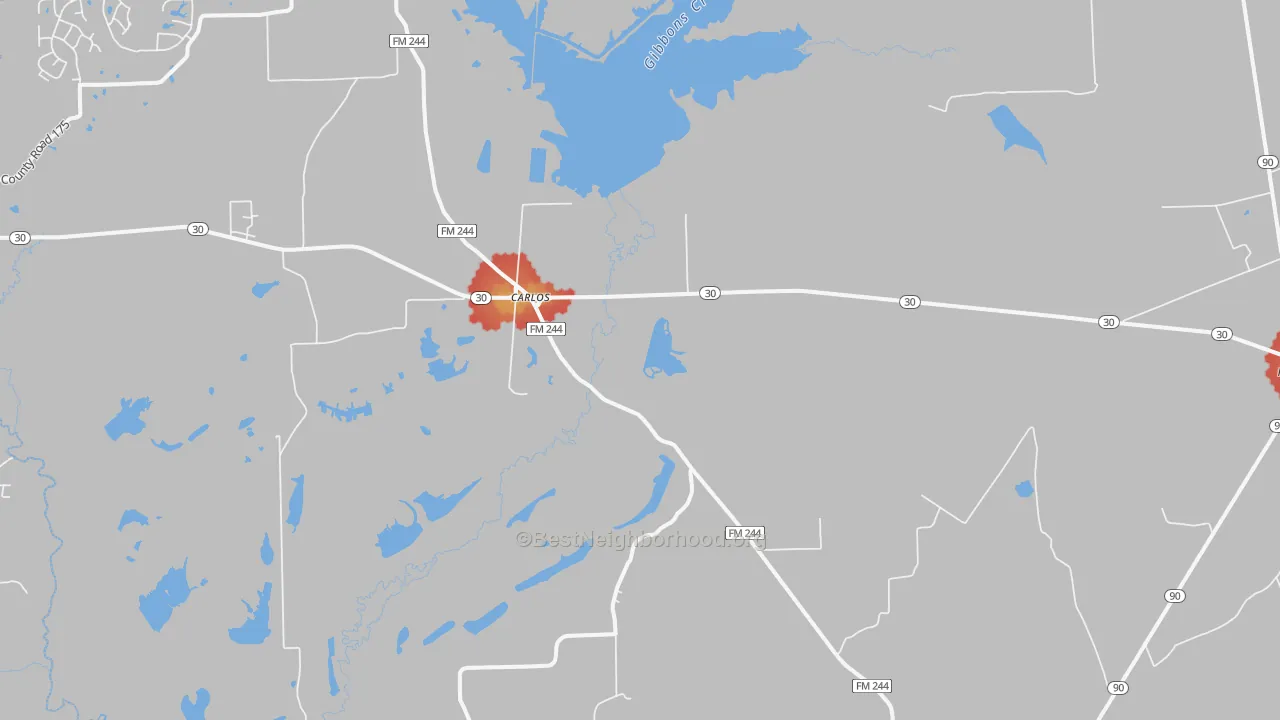 Walk Grade map of Carlos, TX, walkable areas in green and car-dependent areas in red