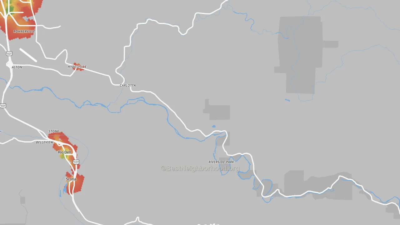 Walk Grade map of Carlotta, CA, walkable areas in green and car-dependent areas in red