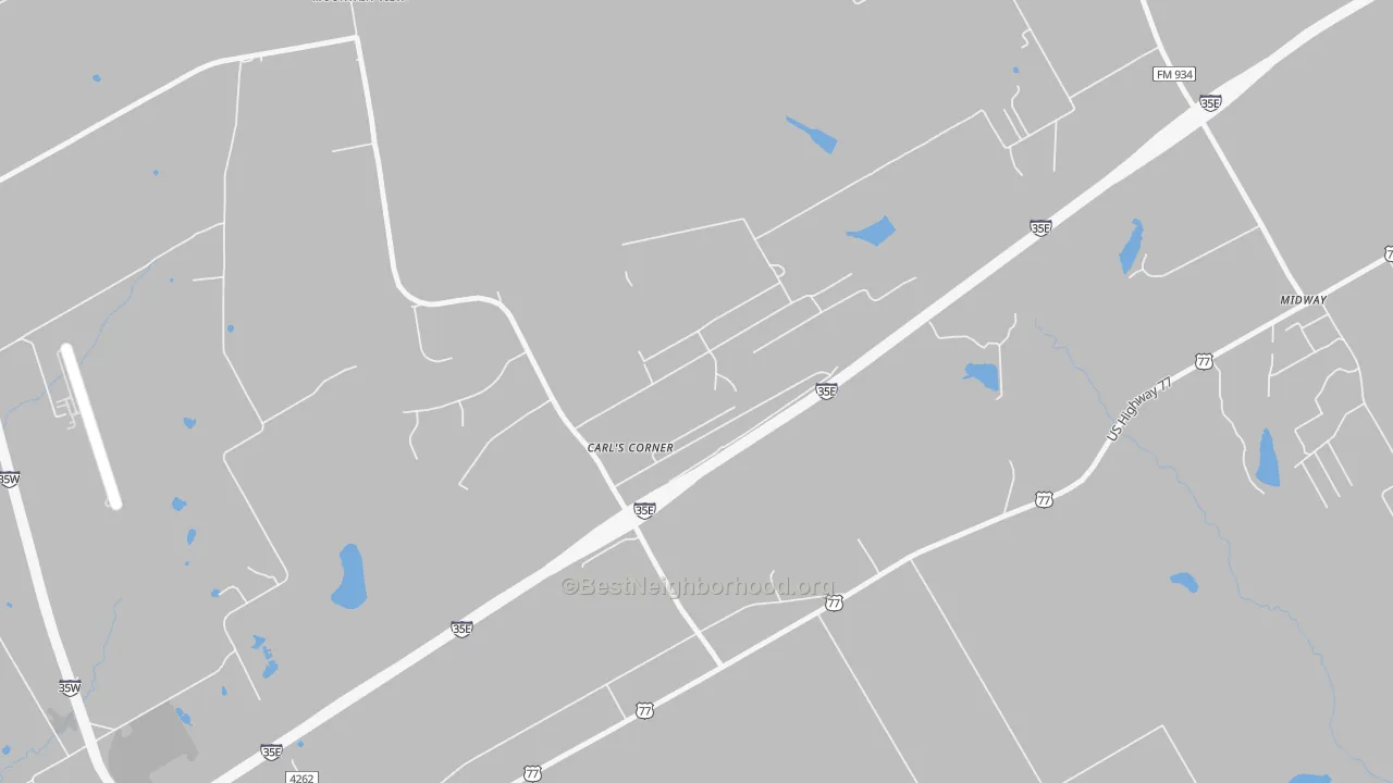 Walk Grade map of Carls Corner, TX, walkable areas in green and car-dependent areas in red