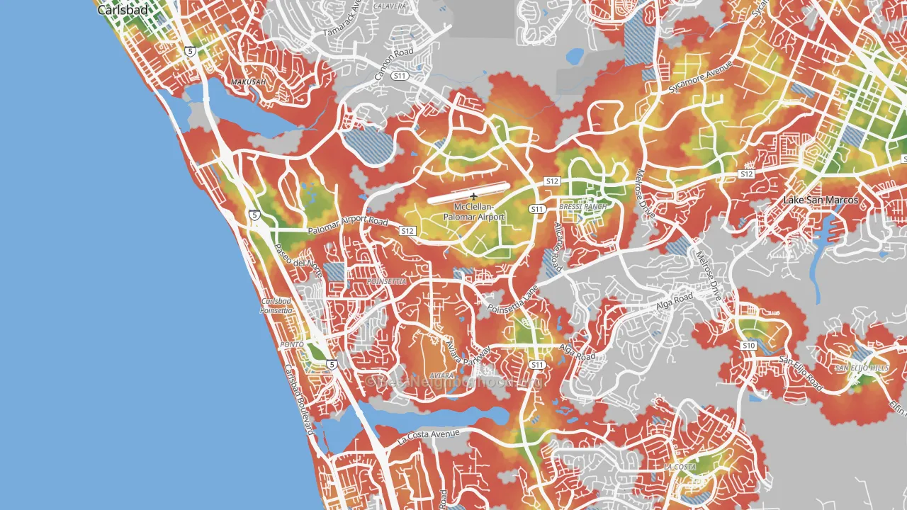 Walk Grade map of Carlsbad, CA, walkable areas in green and car-dependent areas in red