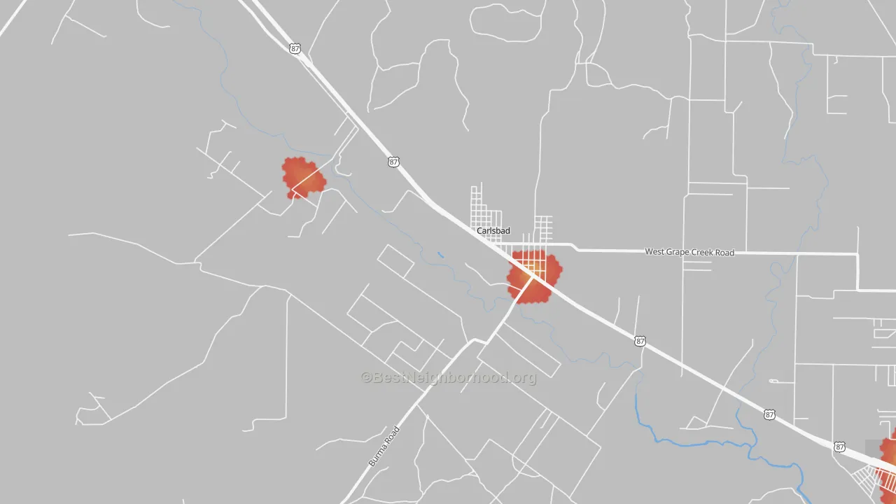Walk Grade map of Carlsbad, TX, walkable areas in green and car-dependent areas in red