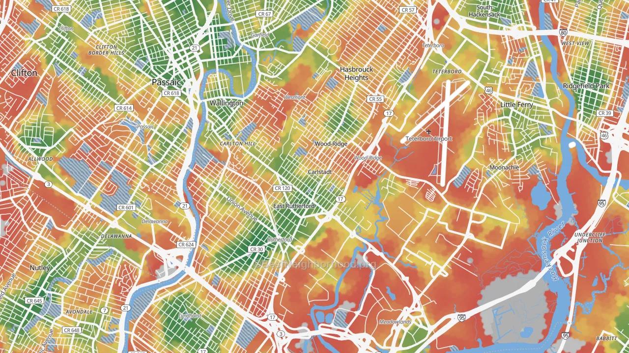 Walk Grade map of Carlstadt, NJ, walkable areas in green and car-dependent areas in red
