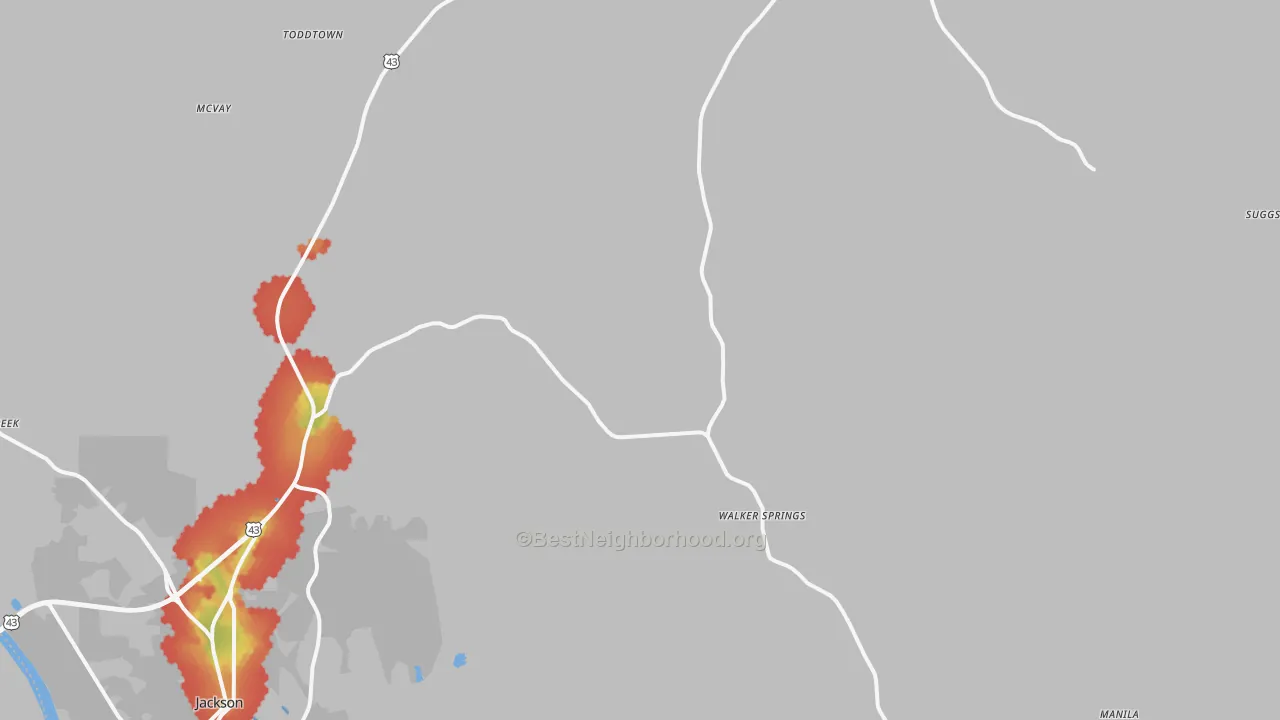 Walk Grade map of Carlton, AL, walkable areas in green and car-dependent areas in red