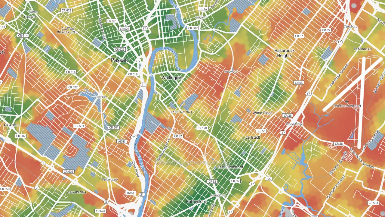 Walk Grade map of Carlton Hill, Wallington, NJ, walkable areas in green and car-dependent areas in red