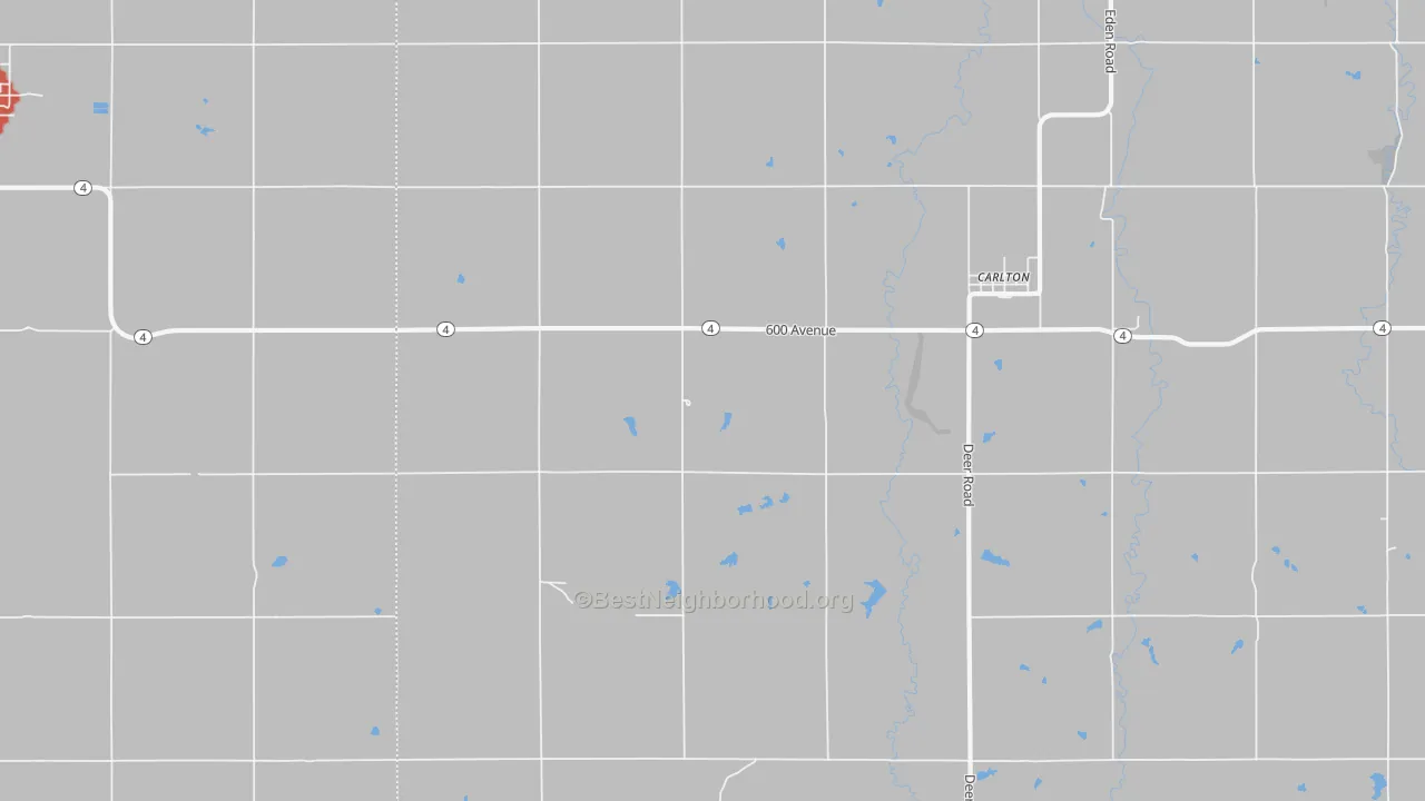Walk Grade map of Carlton, KS, walkable areas in green and car-dependent areas in red