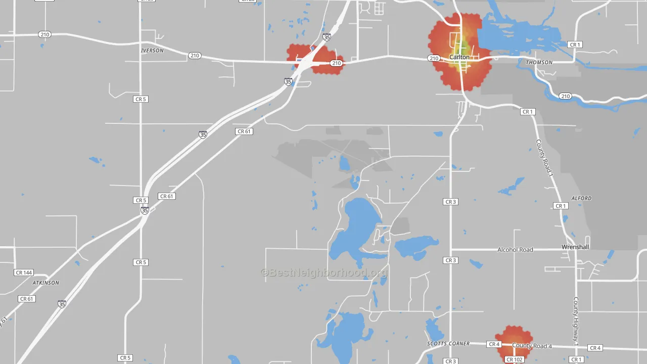 Walk Grade map of Carlton, MN, walkable areas in green and car-dependent areas in red