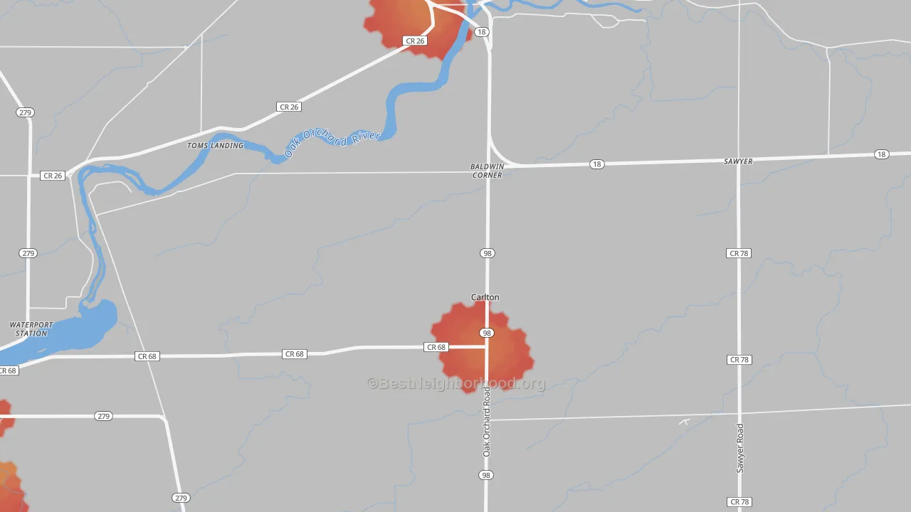 Walk Grade map of Carlton, NY, walkable areas in green and car-dependent areas in red