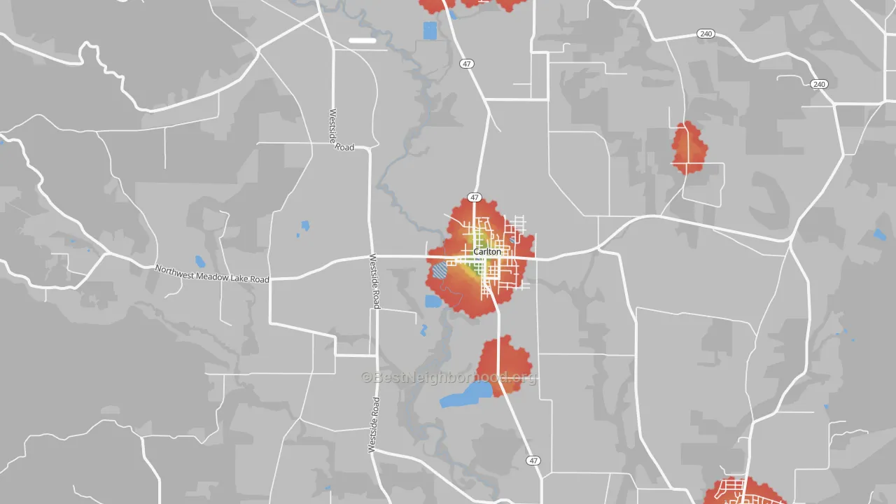 Walk Grade map of Carlton, OR, walkable areas in green and car-dependent areas in red