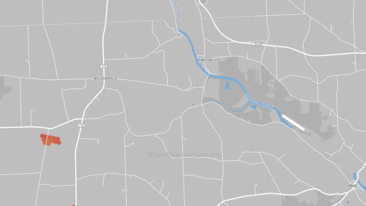 Walk Grade map of Carlton, PA, walkable areas in green and car-dependent areas in red