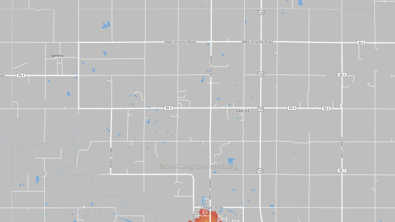 Walk Grade map of Carlyle, KS, walkable areas in green and car-dependent areas in red